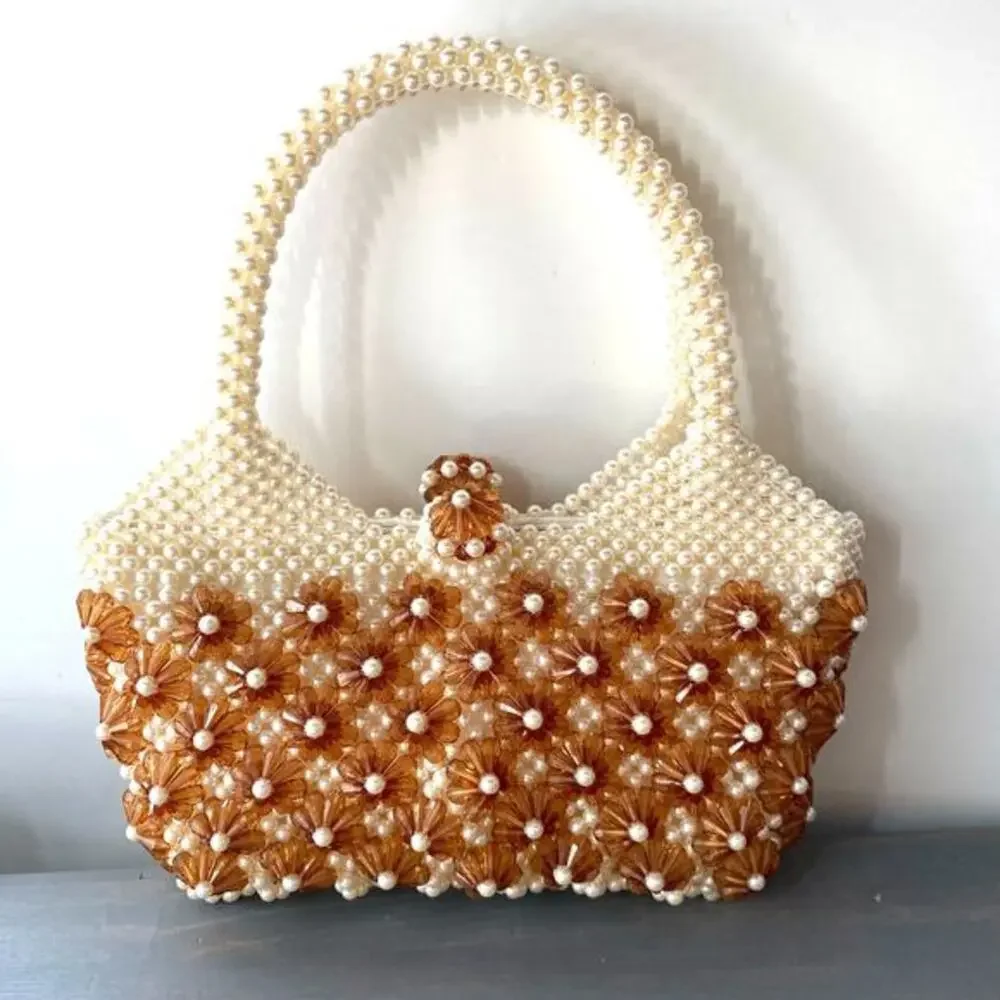 Vintage‎ Beaded Floral Satchel Handbag Purse Cognac Brown Cream Evening Bag NEW